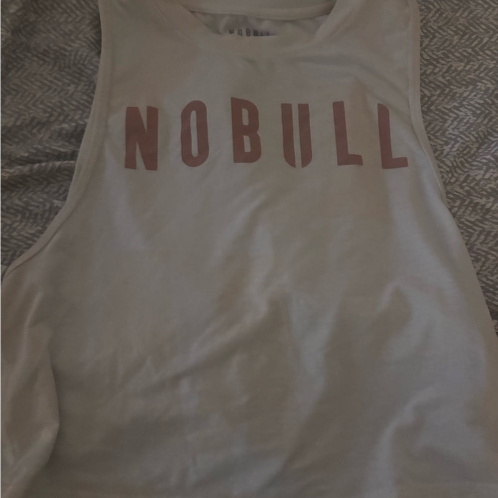 NOBULL Crop White Muscle Tee with Pink Logo